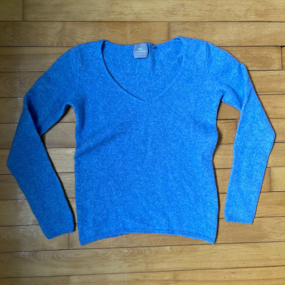 Donna Lane 100% Cashmere V-Neck Sweater Blue Long Sleeve Size 36 Small